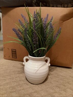 White Ceramic Vase with Purple Lavender Arrangement - Home Accents